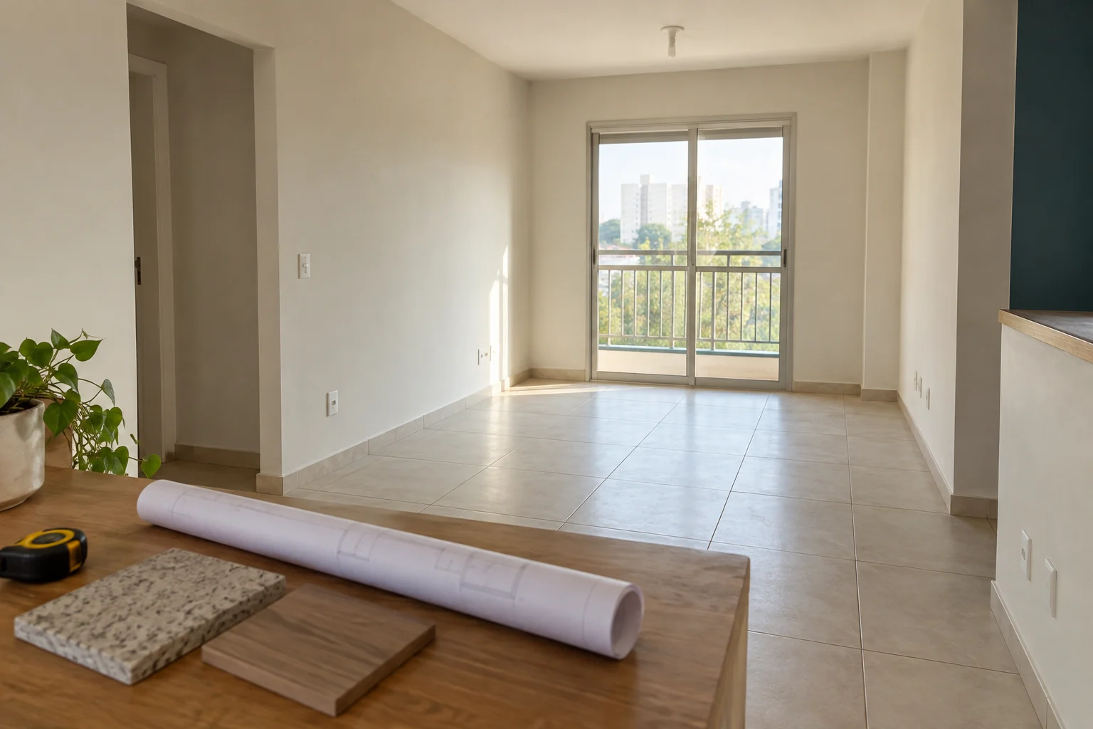 Ambiente residencial antes da reforma, com trena, planta e materiais para levantamento das medidas.