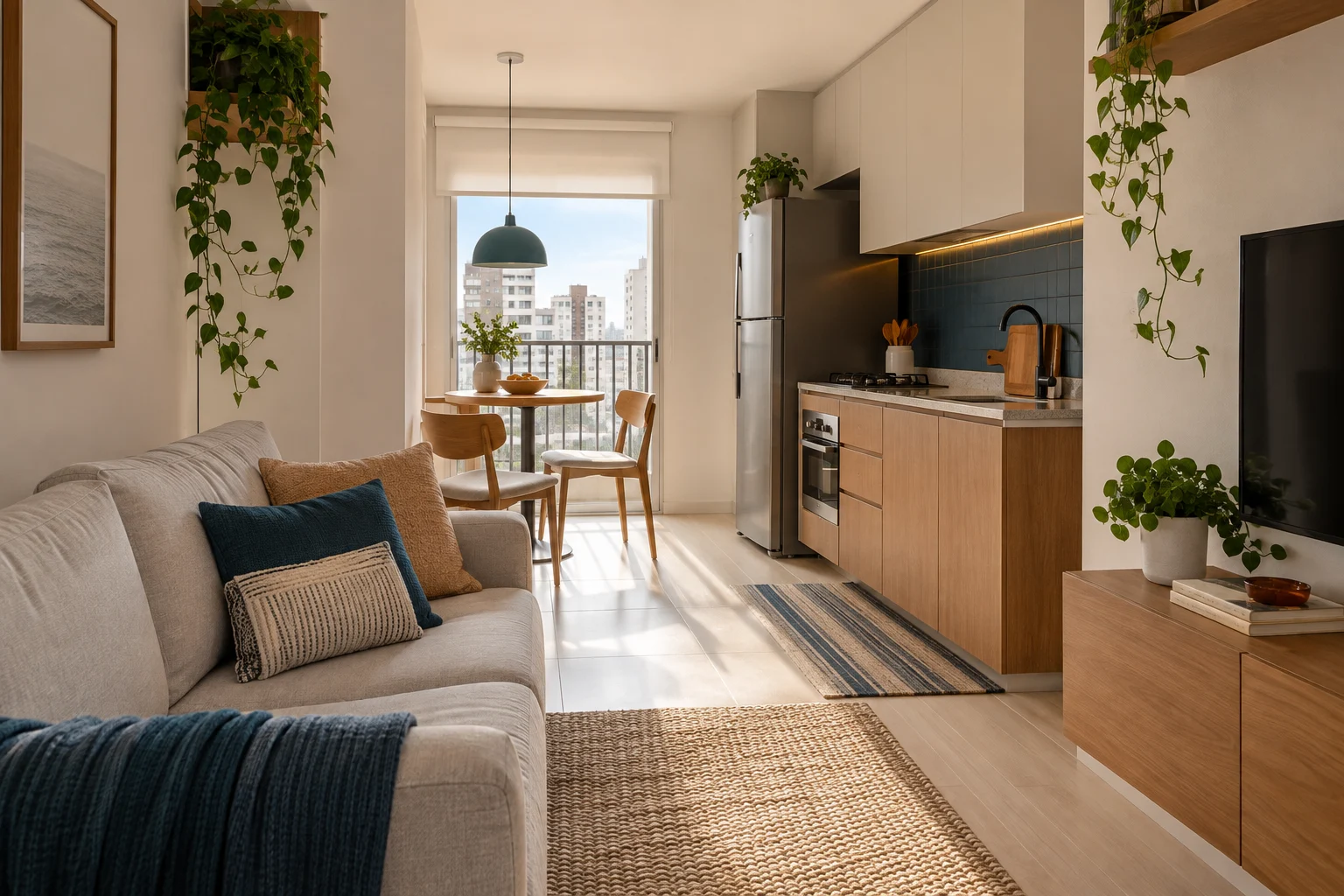 Apartamento compacto com estar e jantar integrados, marcenaria discreta e caminho livre entre os móveis.
