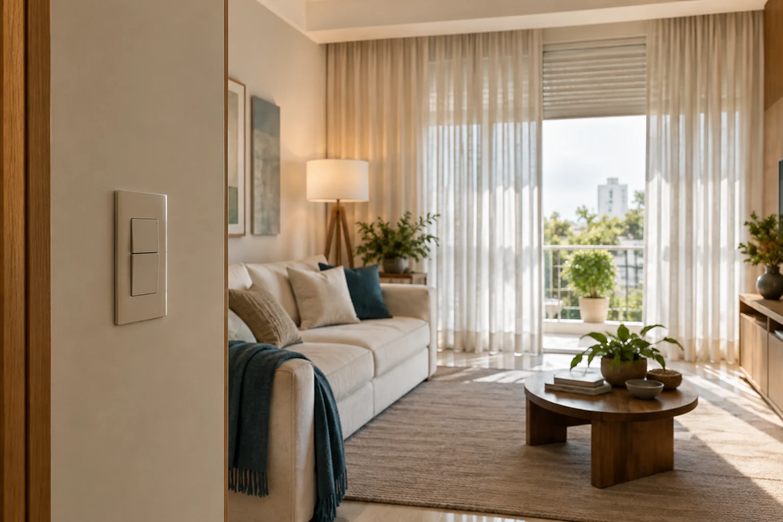Sala de estar com iluminação acolhedora, cortinas e um controle de parede discreto integrado ao ambiente.