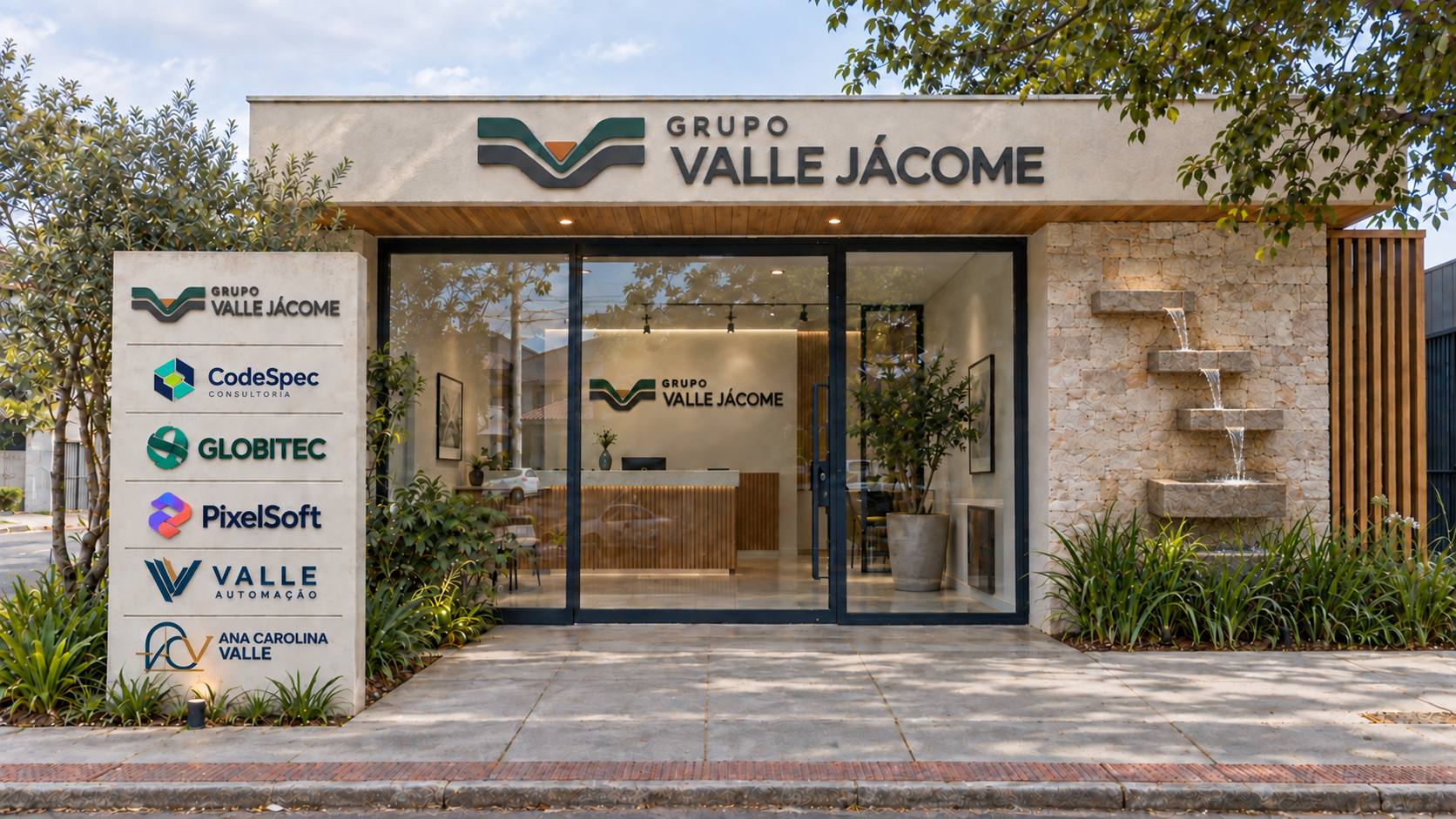 Fachada com totem das empresas do Grupo Valle Jácome e cascata na parede de pedra