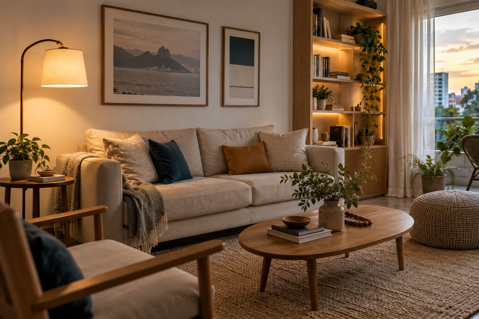 Sala com luz natural filtrada por cortinas, iluminação indireta e luminária de apoio ao lado do sofá.