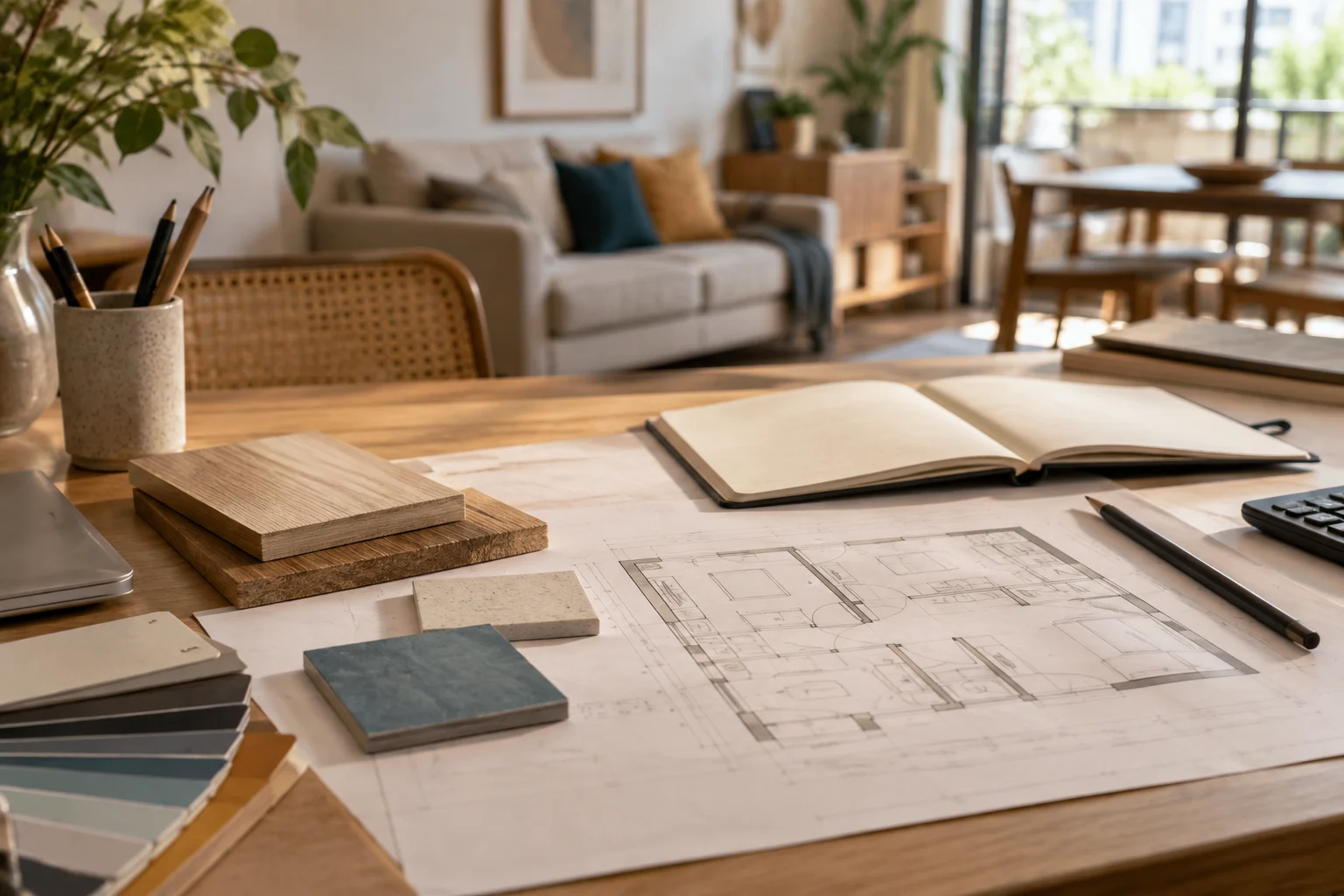 Mesa de trabalho com planta de arquitetura, amostras de madeira e pedra e materiais de desenho.